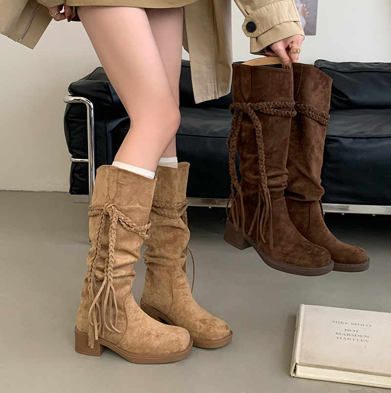 2026 New Retro Wasteland Style Fringe Cowboy Boots Low Heel Over-the-Knee Boots for Women