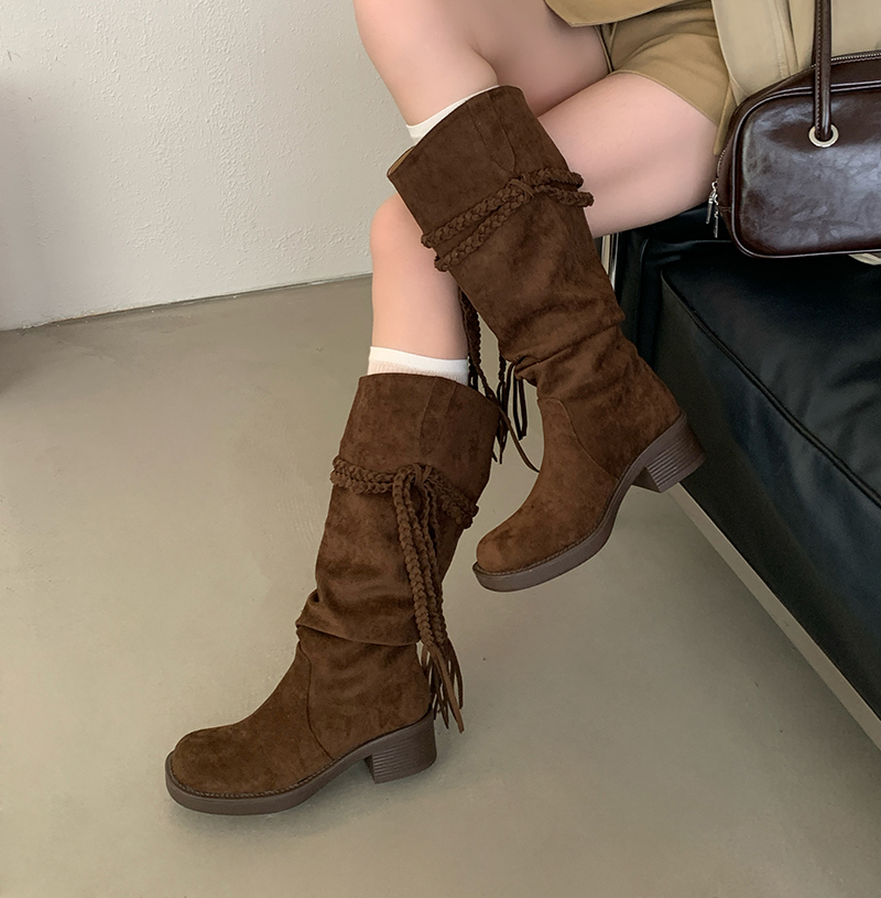 2026 New Retro Wasteland Style Fringe Cowboy Boots Low Heel Over-the-Knee Boots for Women