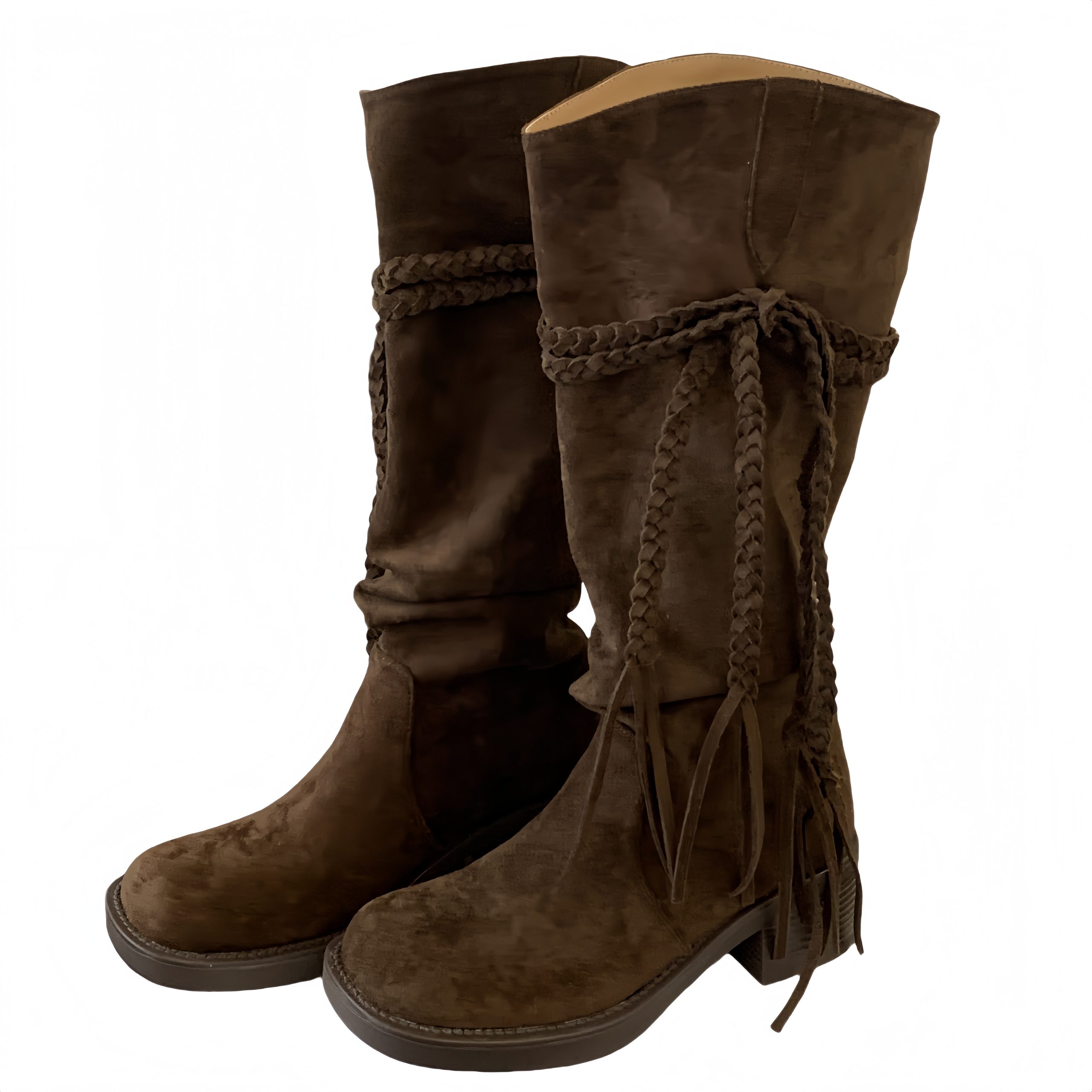 2026 New Retro Wasteland Style Fringe Cowboy Boots Low Heel Over-the-Knee Boots for Women