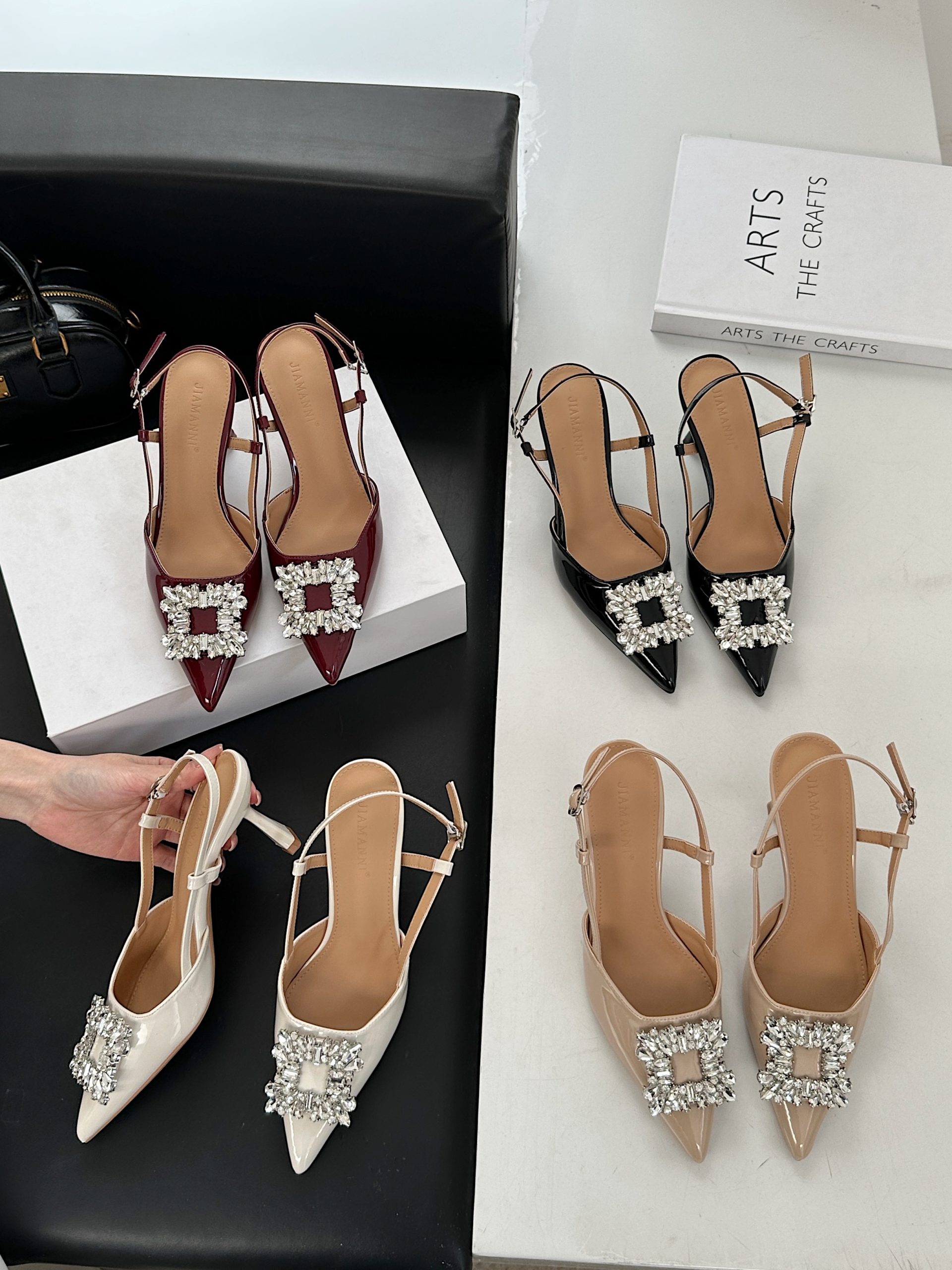 Rhinestone High Heel Shoes Women 2025 New Summer Versatile Patent Leather French Pointed Toe Open Back Thin Heel Sandals