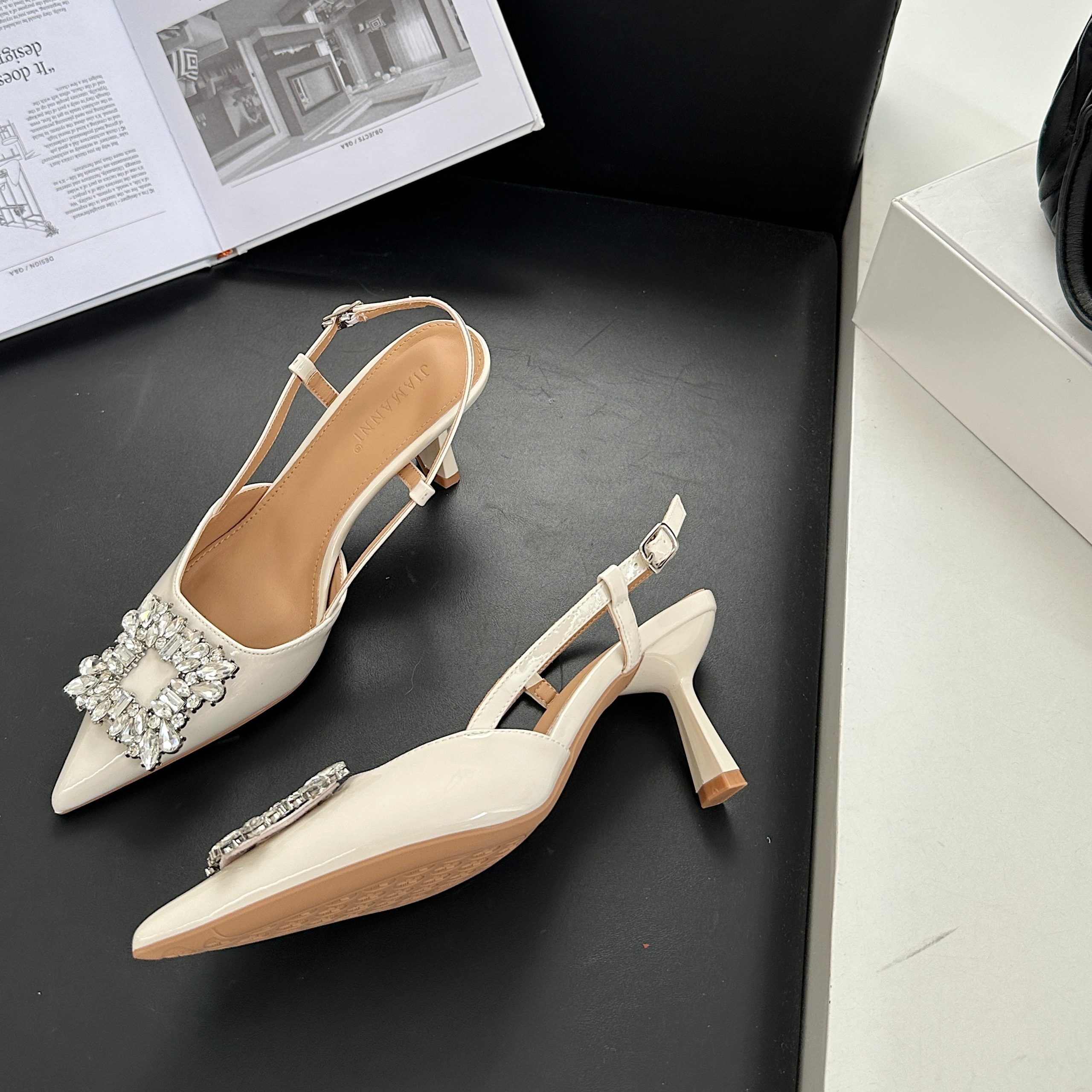 Rhinestone High Heel Shoes Women 2025 New Summer Versatile Patent Leather French Pointed Toe Open Back Thin Heel Sandals